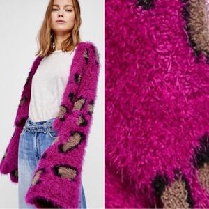 FREE PEOPLE Wild Cat Animal Print Wide Sleeve Sweater Cardigan